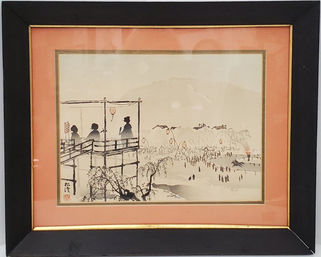 Circle of Gyokudo Kawai Japanese Watercolor Ink Samurai Horse Race Balcony Lantern Vista Signed Stam (1 of 6)