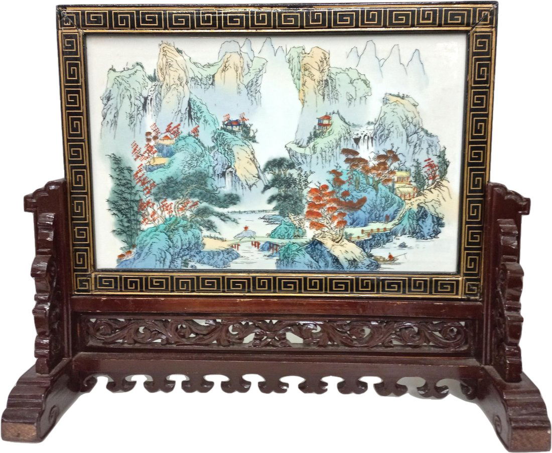 Large Vintage Chinese Painted Porcelain Plaque Table Screen With Wooden Import Stand (1 of 9)