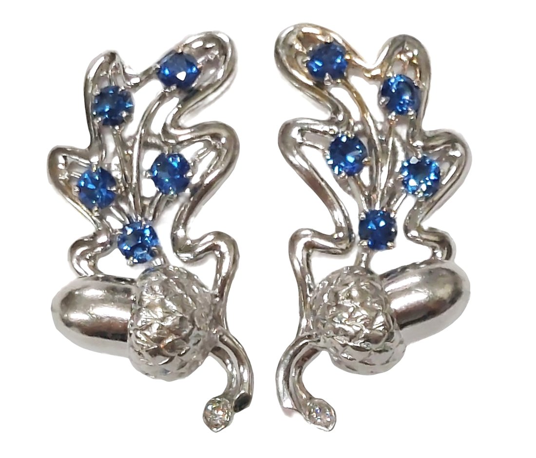 GIA No Heat Natural Blue Sapphire 14k White Gold Acorn Vintage Ear Clips Earrings (1 of 8)