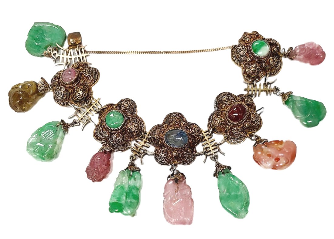 Unusual Antique Chinese Silver Gilt Filigree Natural Jadeite Jade Multi Gemstone Charm Bracelet (1 of 8)