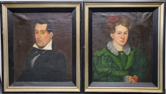 Pair Possibly Ralph Earl Virginia Itinerant Portraits Williamsburg Family Attribution Folk Art Ident: Described By:Michelle CNX 1481 7625 Title:Pair Possibly Ralph Earl Virginia Itinerant Portraits Williamsburg Family Attribution Folk Art Identified Sitter Local Home Paintings Description: Label on ge