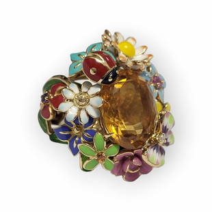 Christian Dior 18k Gold Enamel Flower 12ct Citrine Ring w/ Papers: Title: Christian Dior Enamel Flower 12ct Citrine Ring w/ Papers Description:Christian Dior Enamel Flower 12ct Citrine Ring w/ Papers. Comes with an appraisal.  Here are the specifications: