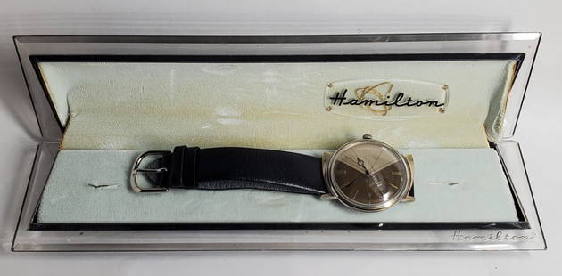Hamilton T-403 Two Tone Dial Asymmetrical Automatic Vintage Watch: Described By:Michelle CNX 1485 C-7028 Title:Hamilton T-403 Two Tone Dial Asymmetrical Automatic Vintage Watch Provenance:Introducing the Hamilton Electric wristwatch portion of the Saloff Collection t