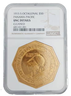 Rare uncirculated 1915 octagonal Panama Pacific $50 gold coin NGC: Graded by NGC as uncirculated this 1915S octagonal gold coin is rarely seen in this condition. Very few of these exist The detail is amazing. Property of retired Florida lady. 83.59 grams