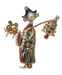 Midcentury 18k Gold Enamel Diamond Pearl Asian Woman w/ Birds & Lantern Figural Brooch w/ Appraisal: Title: Midcentury 18k Gold Enamel Diamond Pearl Asian Woman w/ Birds & Lantern Large Figural Brooch w/ Appraisal  Description: Very unique & intriguing midcentury figural brooch of an Asian woman / Ge