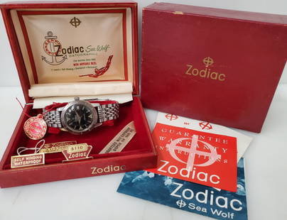 Zodiac Sea Wolf Datographic Mens Diver Watch Box Booklets Tags: Described By:Michelle NFFD 50929 Title:Zodiac Sea Wolf Datographic Mens Diver Watch Box Booklets Tags Description: Zodiac Sea Wolf Datographic Mens Diver Watch Box Booklets Tags. From original owner.