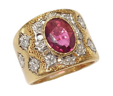 Signed Buccellati 1.20ct Fine Burma Ruby 18k Gold 1.40ctw Diamond Wide Band Ring w/ GIA Report: Title: Signed Buccellati 1.20ct Fine Red Burma Ruby 18k Yellow Gold 1.40ctw Diamond Wide Band Ring w/ GIA Report Description: Signed Buccellati wide band ring in 18k yellow gold featuring a fine red 1