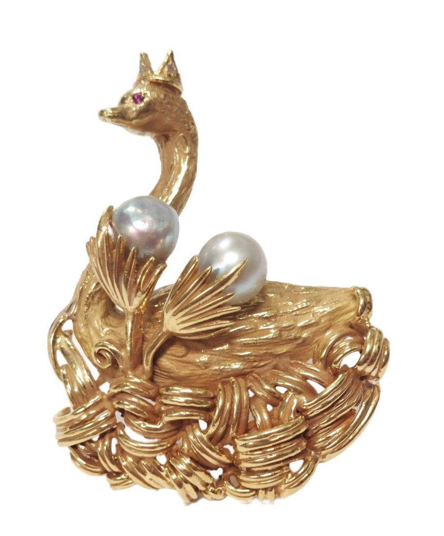 Erwin Pearl 18k Gold Ruby Eyed Swan South Sea Pearl Bird w/ Diamond Crown Brooch 43.9 grams (1 of 8)