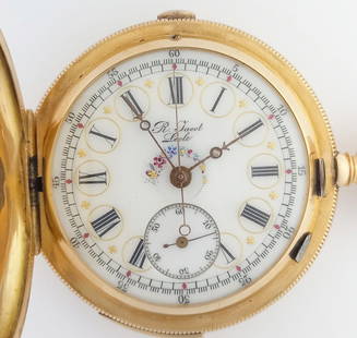 R Jacot 14K Gold Repeater Chronograph Swiss Pocket Watch 6813: Described By:Edison CNX1493 7705 Title:R Jacot 14K Gold Repeater Chronograph Swiss Pocket Watch 6813 Description: This R Jacot 14K Gold Repeater Chronograph Swiss Pocket Watch is numbered 6813. It is