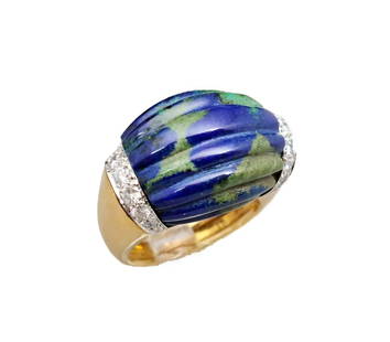 David Webb 18k Gold Platinum Diamond Heavy Mid Century Ring: Title:David Webb 18k Gold Platinum Diamond Heavy Mid Century Ring Description: 18k Yellow Gold David Web Piece, featuring a fluted Azurite Malachite stone and Beautiful VS G-H color Diamonds. It is se