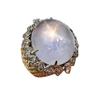 42ct Natural Star Sapphire 1ctw Diamond 14K Gold Vintage Statement Ring: 42ct Natural Star Sapphire 1ctw Diamond 14K Gold Vintage Statement Ring