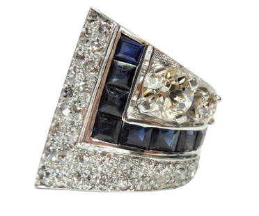 Mega Retro Fine Old Euro Diamond Natural Sapphire 14k Rose Gold Deco Statement Ring w/ Platinum Top: Title: Mega Retro Fine Old Euro Diamond Natural Sapphire 14k Rose Gold Deco Statement Ring w/ Platinum Top Description: Very unique Deco design with channel set sapphires forming an L shape across the
