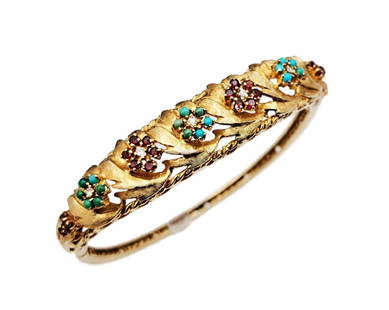 14k Yellow Gold Diamond Garnet Turquoise Ladies Vintage Bangle Bracelet: 14k Yellow Gold Diamond Garnet Turquoise Ladies Vintage Bangle Bracelet