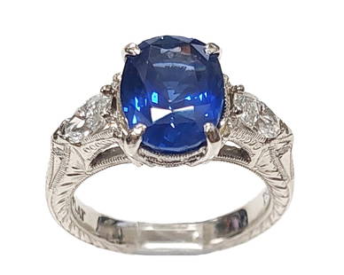 Stunning GIA 3.91ct Natural Blue Sapphire 1.10ctw E-F VVS2-VS2 Diamond Designer Platinum Ring: Title: Stunning GIA 3.91ct Natural Blue Sapphire 1.10ctw E-F VVS2-VS2 Diamond Designer Platinum Ring Description: An impossibly BLUE 3.91ct natural sapphire is set in this gorgeous, vintage inspired,