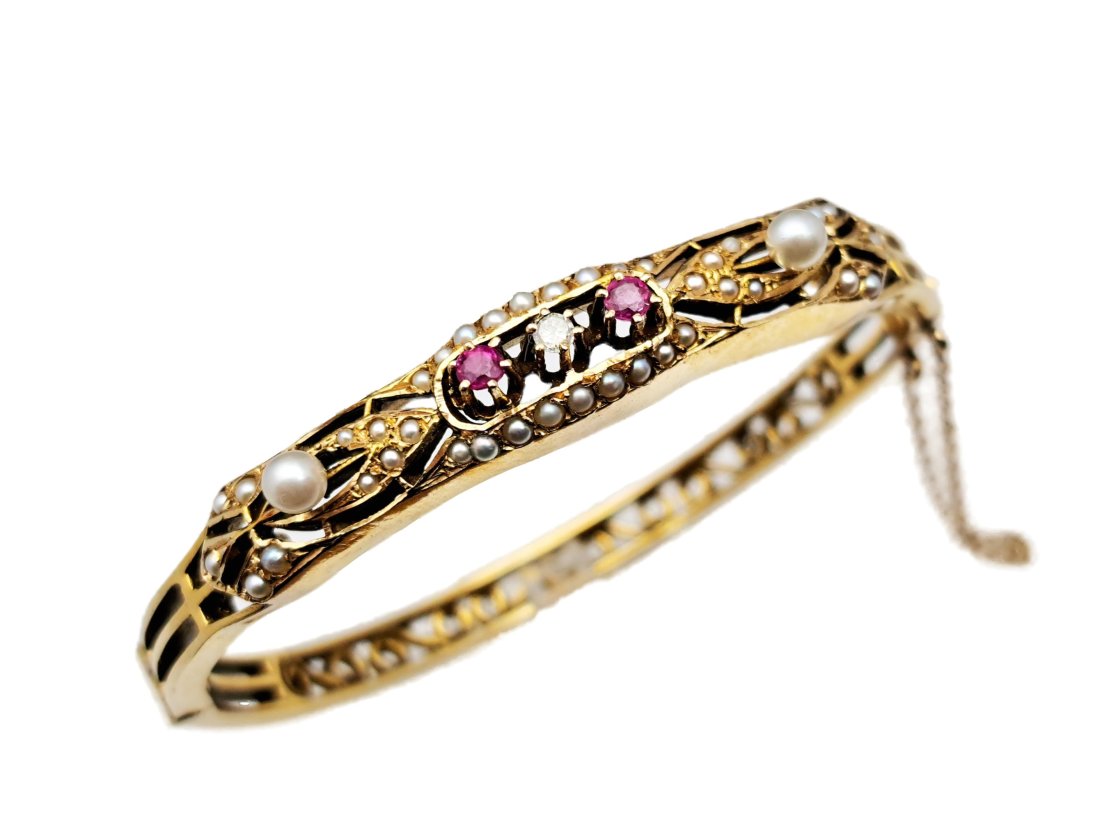 14k Gold Ruby Diamond Seed Pearl Antique Filigree Bangle Bracelet (1 of 6)
