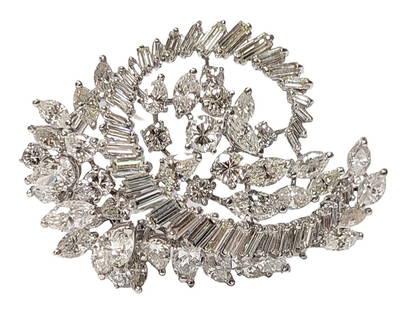 Approx. 14ctw Fine White Clean Diamond Large Platinum Midcentury Swirl Brooch Clip: Title: Approx. 14ctw Fine White Clean Diamond Large Platinum Midcentury Swirl Brooch Clip Description: Brilliantly fiery diamond ca. 1950s platinum brooch / clip. We took out several of the stones to