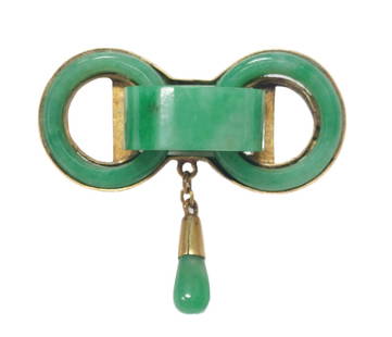 Signed Art Deco Chinese Carved Jadeite Jade 14k Gold Antique Dangle Bar Pin Brooch w/ Asian Hallmark: Title: Signed Art Deco Chinese Carved Jadeite Jade 14k Gold Antique Dangle Bar Pin Brooch w/ Asian Hallmark Description: A handcrafted 14k yellow gold antique brooch featuring 3 interlocking circles o