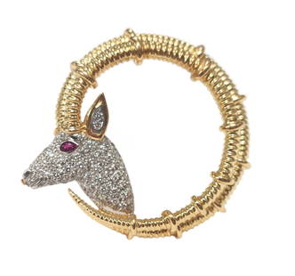 Tiffany & Co. 18k Gold Platinum Diamond Ruby Eye Ibex Brooch Hallmarked Schlumberger Studios: Title: Tiffany & Co. 18k Gold Platinum Diamond Ruby Eye Ibex Brooch Hallmarked Schlumberger Studios Description: A work of art from Tiffanys noteworthy designer Jean Schlumberger, made in 18k gold & p