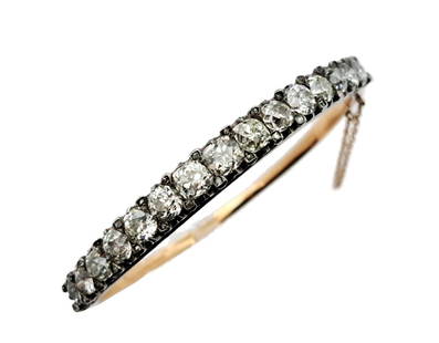 Approx. 8ctw Antique Victorian 14k Gold Old Mine Old Euro Diamond Bangle w/ French Hallmarks: Title: Approx. 8ctw Antique Victorian 14k Gold Old Mine Old Euro Diamond Bangle w/ French Hallmarks Description: Absolutely Stellar Antique Victorian bracelet featuring over 40 various cut sparkling