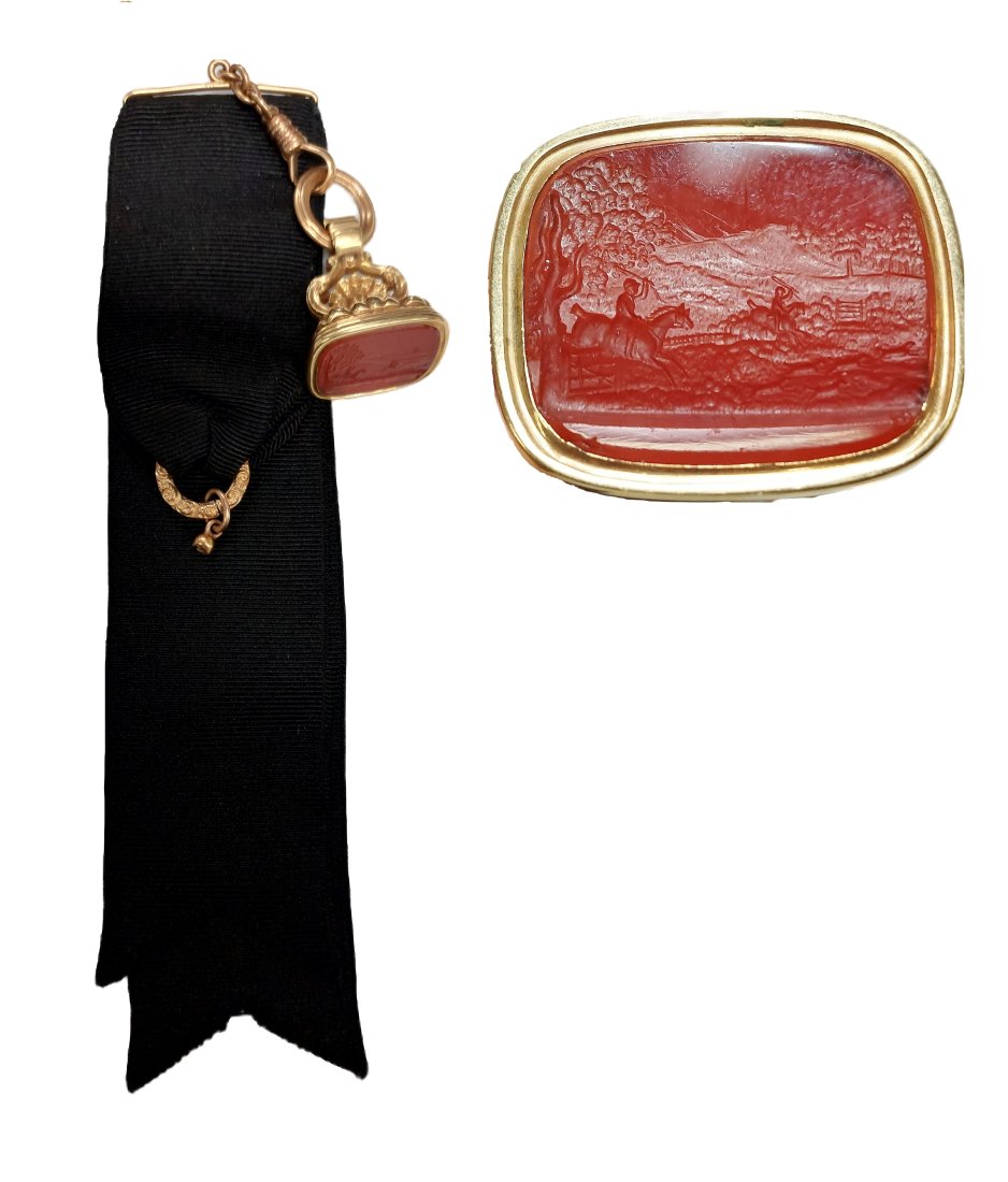 Antique Rare 14K Gold Steeple Chase Equestrian Watch Fob Carnelian Seal: Described By:Rachel HFA 51052 NFFDD Title:Antique Rare 14K Gold Steeple Chase Equestrian Watch Fob Carnelian Seal Description: One of the most intricately carved seals we have seen in a long while. An