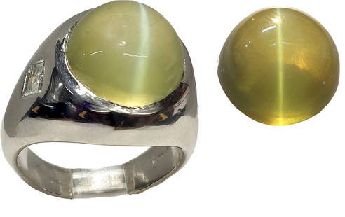 16 CT GIA Cat's Eye Chrysoberyl Platinum Diamond Art Deco Men's Ring: Title: 16 CT GIA Cat's Eye Chrysoberyl Platinum Diamond Art Deco Men's Ring Description:This stunning natural Cat’s Eye Chrysoberyl displays excellent chatoyancy and milk and honey effect. 16 C