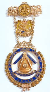 1880s Masonic Worshipful Grand Master 14K Gold Diamond Enamel Jewel: Described By:Edison HFA DT51345 Title: 1880s Masonic Worshipful Grand Master 14K Gold Diamond Enamel Jewel Description:1880s Masonic Worshipful Grand Master 14K Gold Diamond Enamel Jewel. Considered