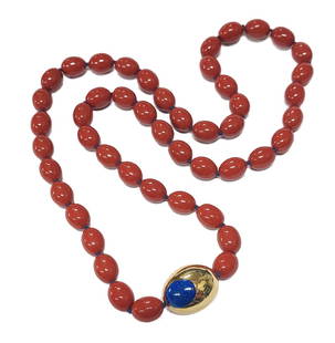 Tiffany & Co. Angela Cummings Xtra Large 18k Gold Lapis Red Jasper Bead Necklace w/ Orig Case: Title: Tiffany & Co. Designer Angela Cummings Extra Large 18k Gold Lapis Red Jasper Bead Necklace w/ Orig. Tiffany Case Description: From one of Tiffanys exclusive in-house designers, Angela Cummings,