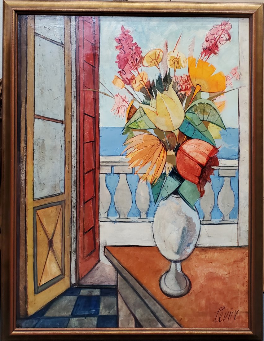 Large Charles Levier Oil Painting Fleurs au Balcon Modernist Ecole de Paris Still Life Interior Land (1 of 6)