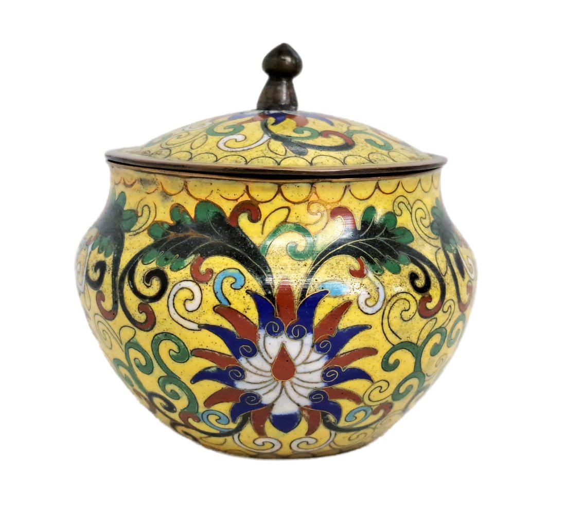 Antique Cloisonne Yellow Multicolor Enamel Chinese Brass or Bronze Lidded Floral Jar Pot (1 of 5)
