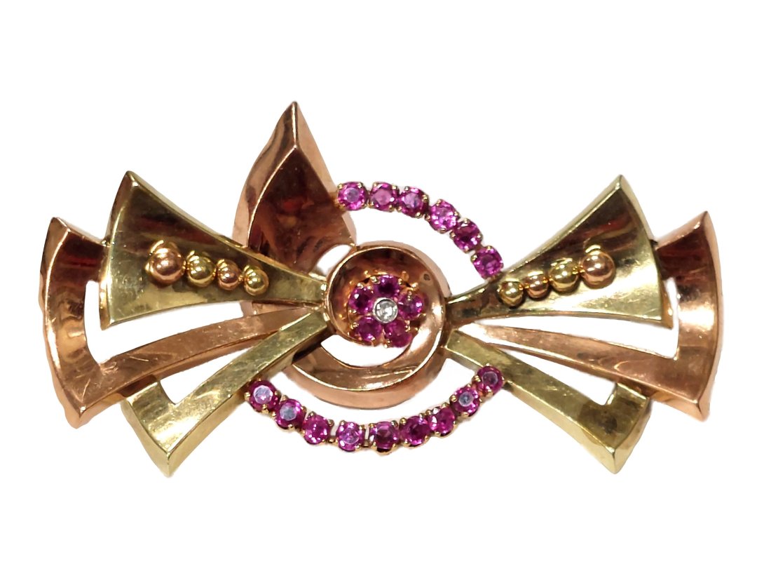 GIA 1.50ctw Natural No Heat Burma Ruby Large 14k Rose Green Gold Diamond Vintage Retro Deco Brooch (1 of 9)