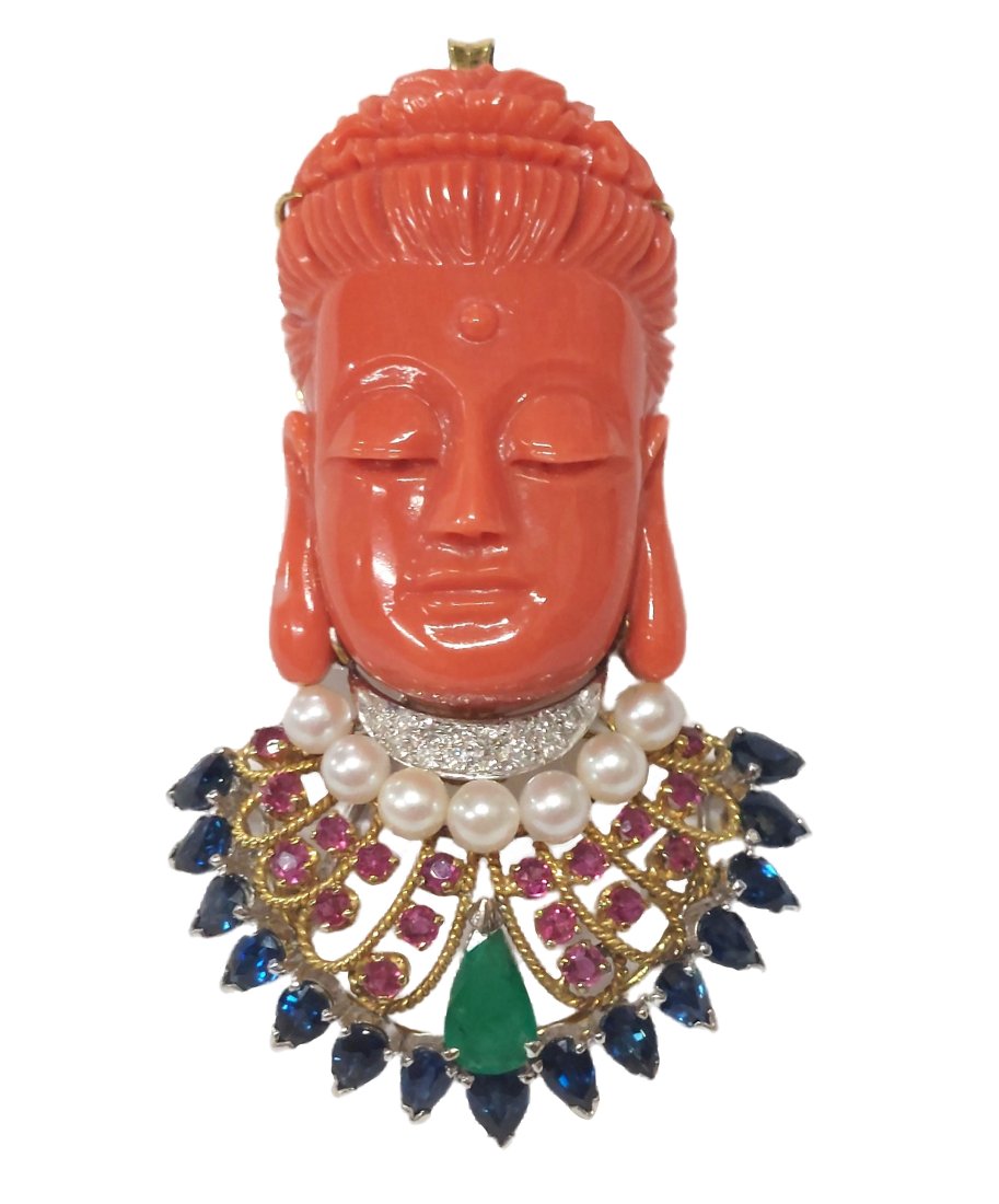 Giant Undyed Carved Coral Quan Yin Goddess Diamond Ruby Sapphire Emerald Pearl Vintage Pin Pendant (1 of 8)