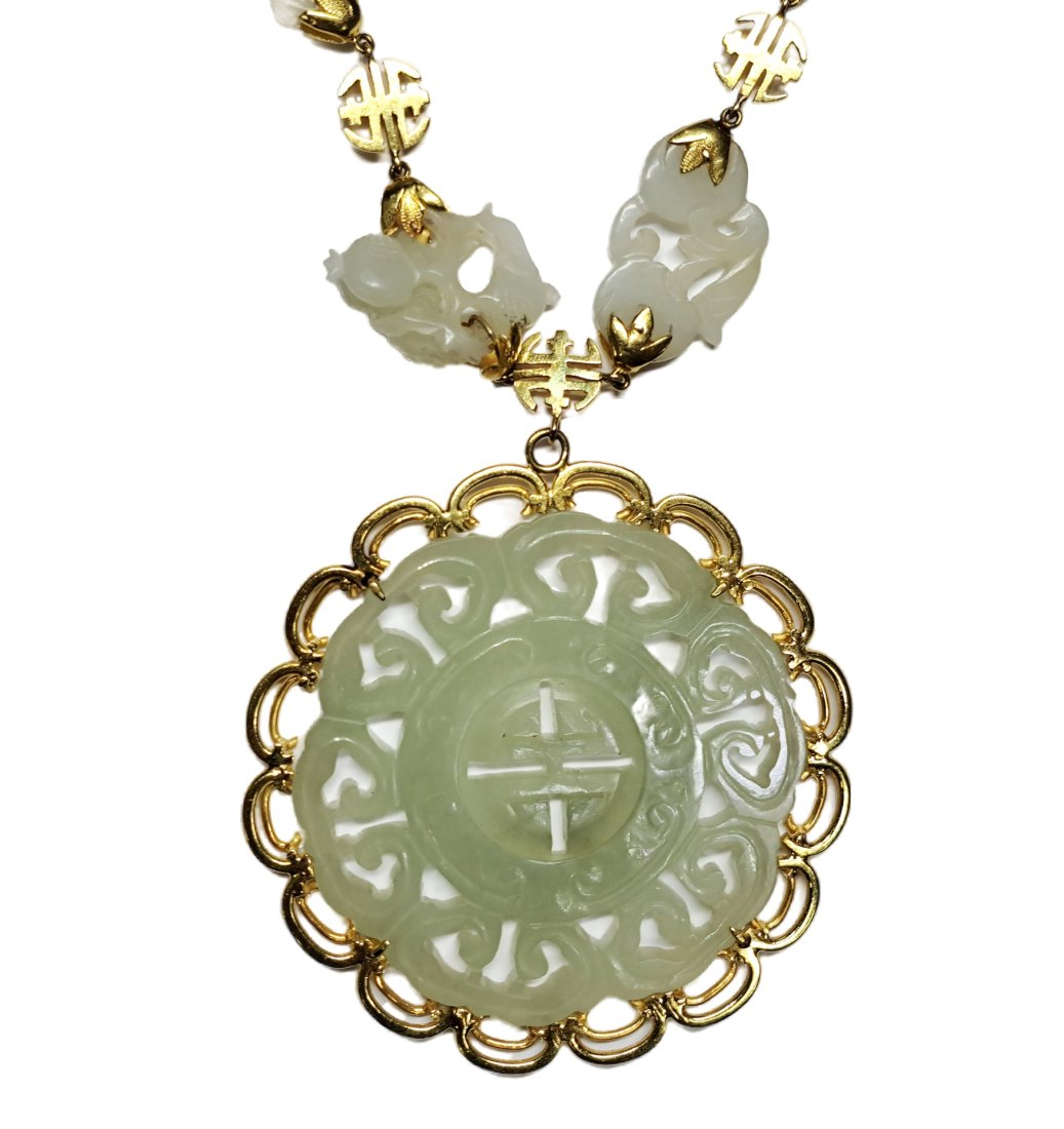 Mutton Fat Jade Interlocking Rotating Disk Pendant Finely Carved 14k Gold Necklace (1 of 5)