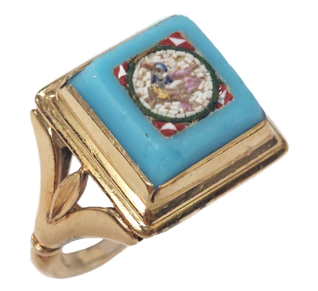 Antique 14k Yellow Gold Italian Micro Mosaic Inlay Ring Signed Petri (1 of 9)