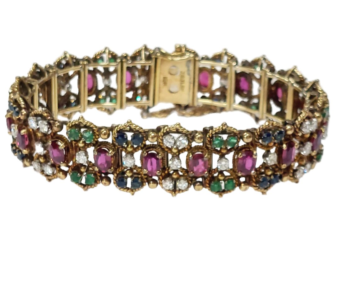 Midcentury 18k Gold 13ctw Natural Ruby Sapphire Emerald Diamond Signed 1950s Bracelet  w/ Lab Report (1 of 9)