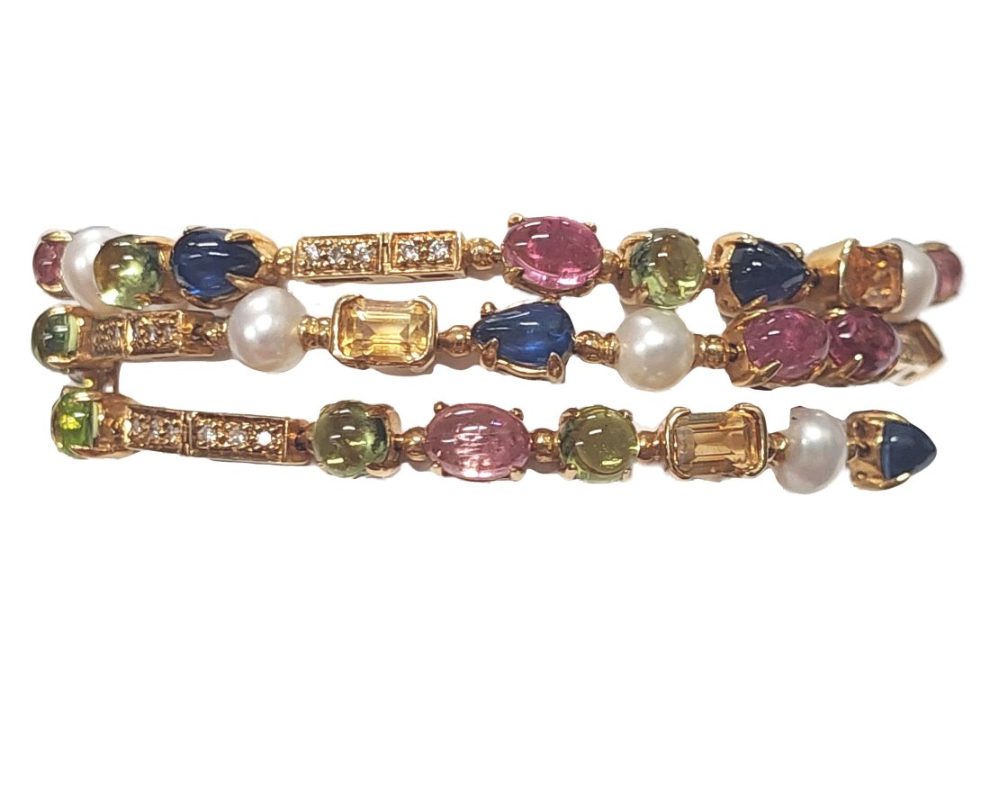 Designer 18k Gold Natural Sapphire Tourmaline Peridot Citrine Pearl Diamond 3 Strand Adjustable Brac (1 of 10)