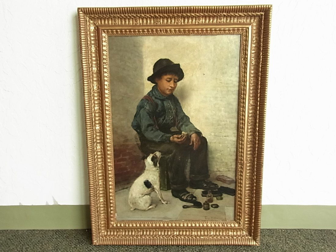 John H. Henrici Shoeshine Boy& Dog O/C 1899 Genre P: John H. Henrici Shoeshine Boy& Dog O/C 1899 Genre Painting CNX John H. Henrici Shoe Shine Boy & Dog Oil on Canvas 1899 Genre Painting CNXHENRICI, John Henry (American, 1874-1958): Narrative genre com
