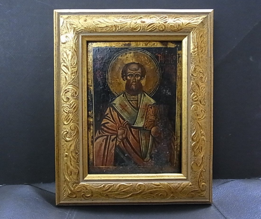 Byzantine Greek Russian Orthodox Icon Collection 5t: Byzantine Greek Russian Orthodox Icon Collection 5th of 20 LotsAntique Saint Making Holy Gesture Holding Scripture Signed & Inscribed Painting Byzantine Greek Russian Orthodox Icon Collection 5th of 2