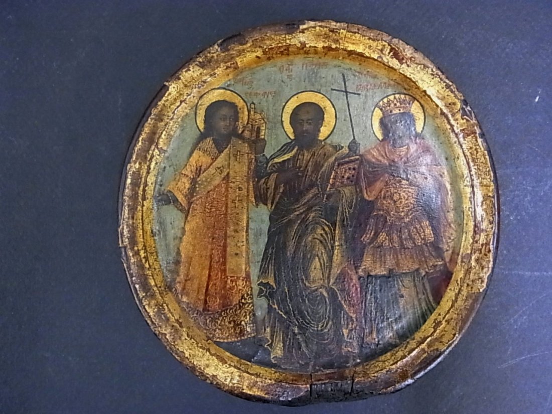 Byzantine Greek Russian Orthodox Icon Collection 6t: Byzantine Greek Russian Orthodox Icon Collection 6th of 20 LotsAntique Old Master Tondo Three Saints signed & or Inscribed Gold Leaf Painting Byzantine Greek Russian Orthodox Icon Collection 6th of 20