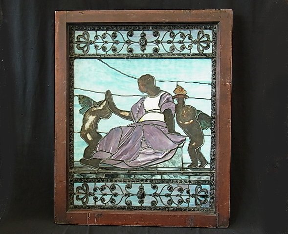 Antique Art Nouveau Allegorical Stained Glass Attri: Antique Art Nouveau Allegorical Stained Glass Attributed to Tiffany Studios CNX Art Nouveau Allegorical Jewel Set Stained Folded Art Glass Window Attributed Tiffany Studios CNX Circa 1895 Stained lead