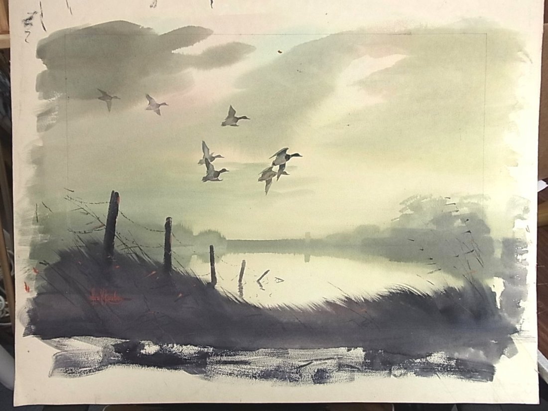 Leslie Les KOUBA Duck Stamp Artist Sunset Marsh W/: Leslie Les KOUBA Duck Stamp Artist Sunset Marsh W/C Painting Leslie Les KOUBA Duck Stamp Artist Sunset Marsh Watercolor Painting Leslie C. Kouba (American 1917 - 1998): Wildlife landscape of a sunset 