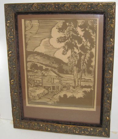 Original signed William H. WILKE Woodblock Print C: Original signed William H. WILKE Woodblock Print CA Gold Rush SUTTER’S MILL Original signed William H. WILKE Woodblock Print CA Gold Rush SUTTER’S MILL William Hancock Wilke (American, 1879-1958