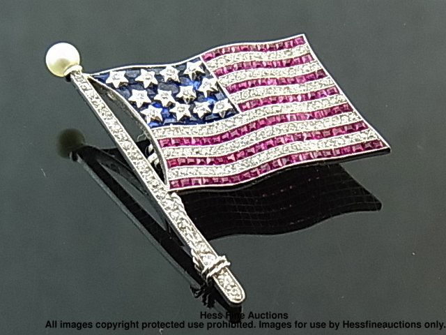 RARE Bailey Banks Biddle Diamond Platinum Flag Pin: We offer for your consideration this RARE Art Deco American Flag Bailey Banks Biddle Ruby Diamond Sapphire Platinum Pin. An almost identical pin sold at Christie’s for $80,000 that was signed by Car