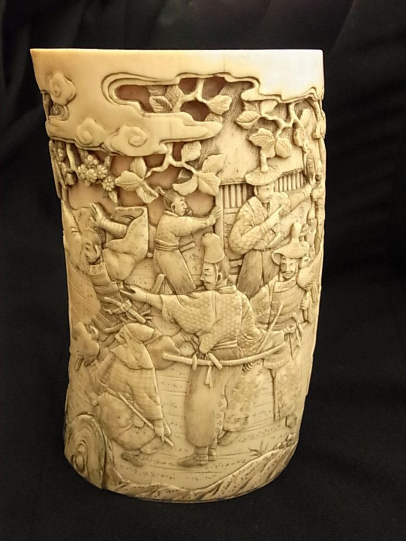 Fine Antique Carved Signed Japanese Ivory Tusk Warr: Fine Antique Carved Signed Japanese Ivory Tusk Warriors Hunting Relief Scrimshaw Old Inventory Number Estate Discovery FABULOUS find from the local collection of the heir to a Northeastern U.S. WWII e