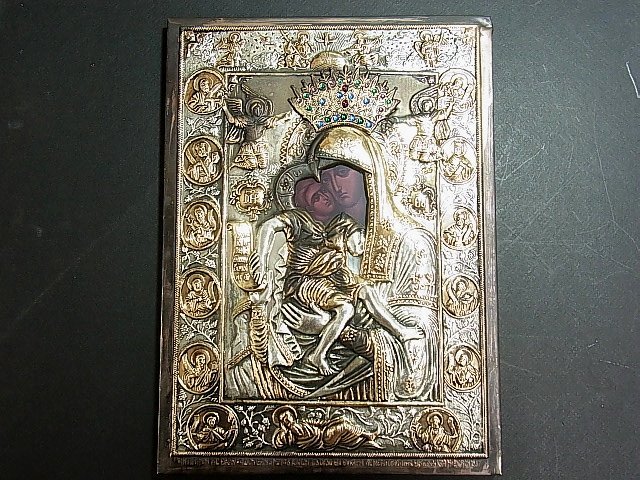 Byzantine Greek Russian Orthodox Icon Collection 1: Byzantine Greek Russian Orthodox Icon Collection 17th of 20 Virgin Mary & Christ Child Jesus Large Ornate Gilded & Silvered Stone Set Hallmark Riza with Label This is the SEVENTEENTH of 20 examples of