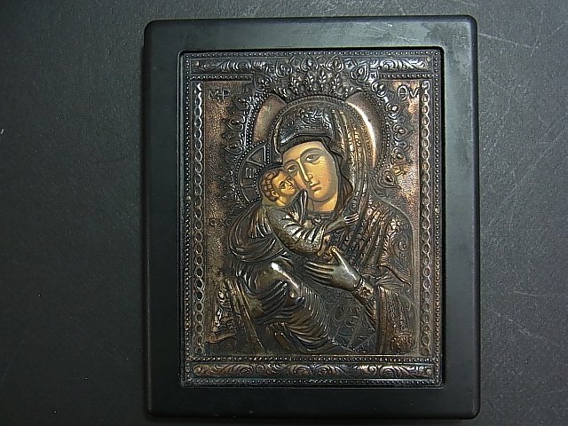 Byzantine Greek Russian Orthodox Icon Collection 1: Byzantine Greek Russian Orthodox Icon Collection 18th of 20 Virgin Mary & Christ Child Jesus Painting .950 Silver Label Repousse Riza Signed This is the EIGHTEENTH of 20 examples of paintings, sculptu