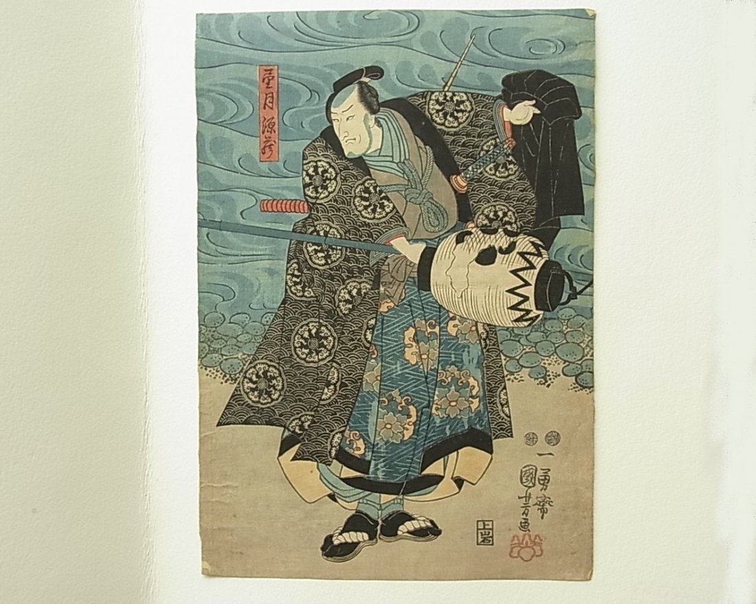 Old Utagawa Kuniyoshi Japanese Ukiyo-e Color Woodb: Old Utagawa Kuniyoshi Japanese Ukiyo-e Color Woodblock Print Actor or Samurai with Lantern Signed from Estate CNX Utagawa Kuniyoshi (1797-1861): Original antique Japanese Ukiyo-e color woodblock print