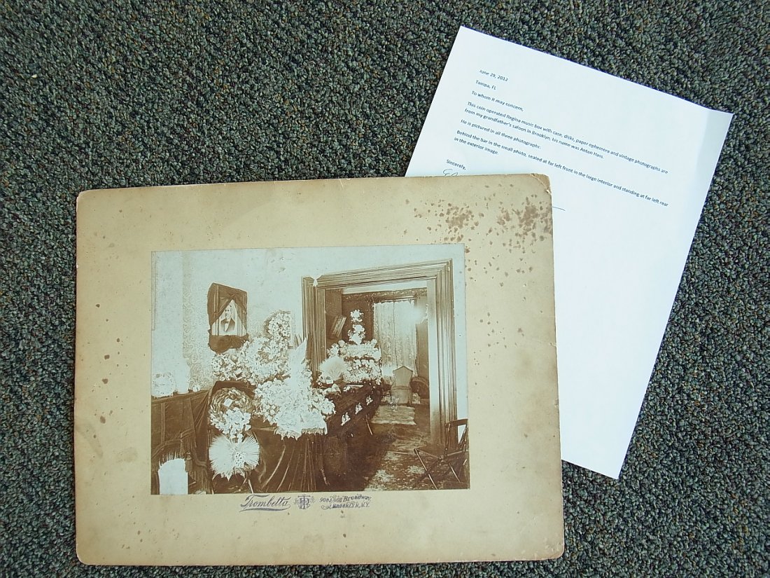 1890s Brooklyn NY Open Casket Funeral Photograph A: 1890s Brooklyn NY Open Casket Funeral Photograph Anton Hass Saloon Proprietor Family Funerary w/ Provenance Letter This photograph came with the music box collection, Lot 161, and Brewery photograph L
