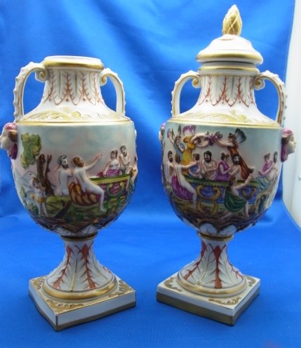 Pair Of Old Capo De Monte Signed Capo De Monte Sign: Pair Of Old Capo De Monte Signed Crown N Germany Meissen Maner Old Paris Miniature Urn Vases. Signed with crown mark on the bottom. Bacchanal with nude and classically draped men and women. Very color