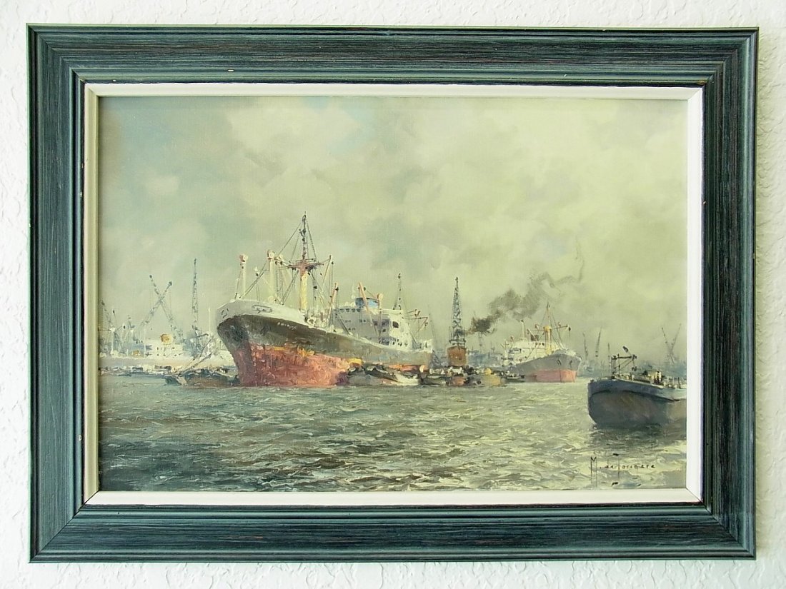 M J de Jongere Drulman Rotterdam Harbor Ships 16x2: M J de Jongere Drulman Rotterdam Harbor Ships 16x24 O/C 1st of 2 Single Owner Artist Provenance CNX NOTE: This is the FIRST of two works by M J de Jongere Drulman that are featured in this sale as ind