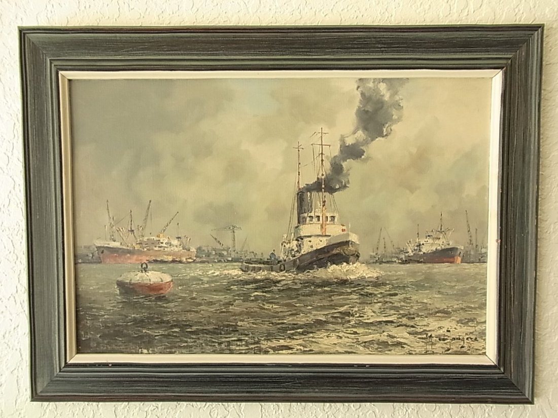 M J de Jongere Drulman Rotterdam Harbor Ships 16x2: M J de Jongere Drulman Rotterdam Harbor Ships 16x24 O/C 2nd of 2 Single Owner Artist Provenance CNX NOTE: This is the SECOND of two works by M J de Jongere Drulman that are featured in this sale as in